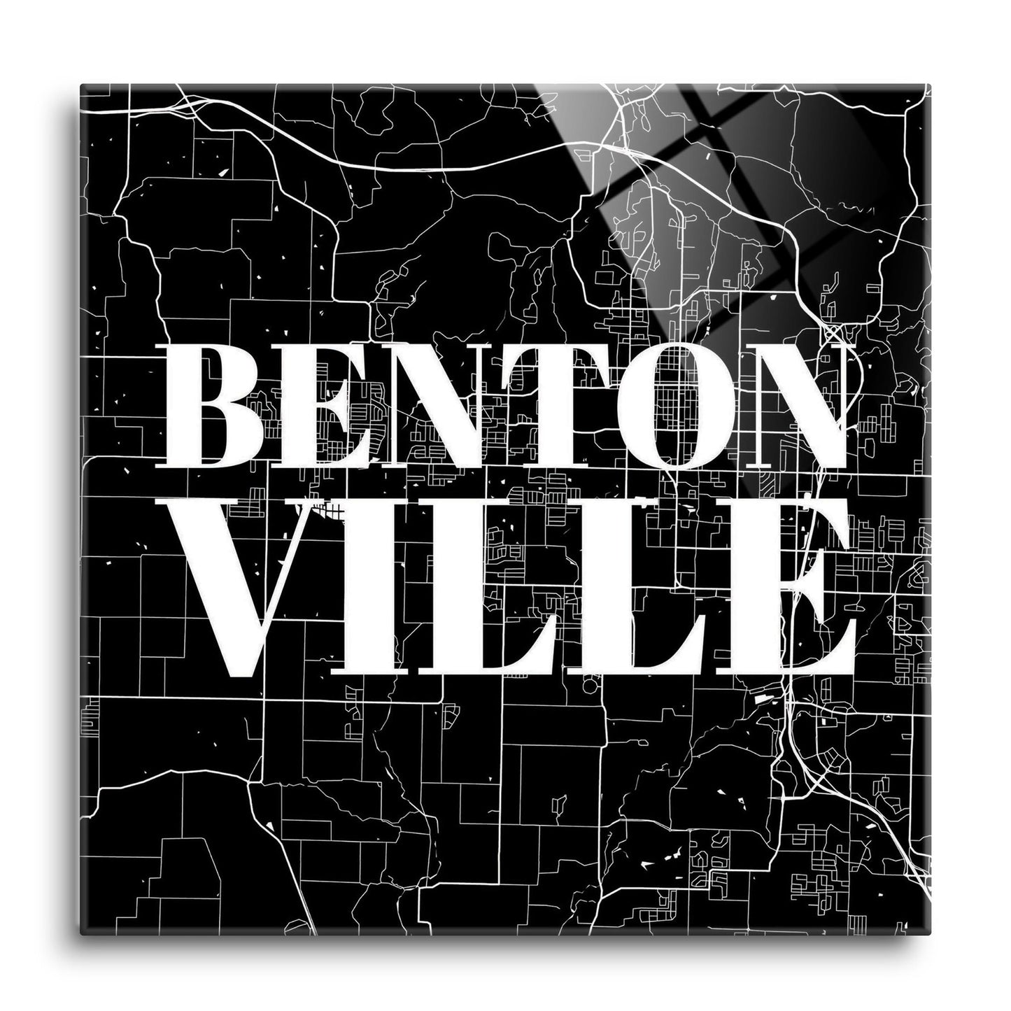Minimalist B&W Arkansas Bentonville Map | Hi-Def Glass Art | Eaches | Min 1