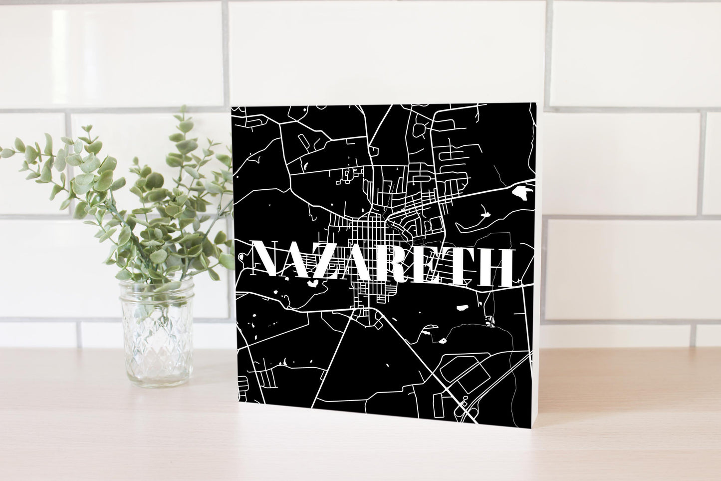 Minimalistic B&W Pennsylvania Nazareth Map | Wood Block | Eaches | Min 2