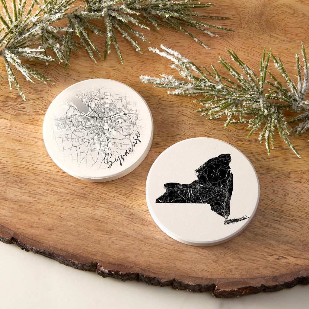 Minimalistic B&W New York Syracuse Map State| Absorbent Car Coasters | Set of 2 | Min 4