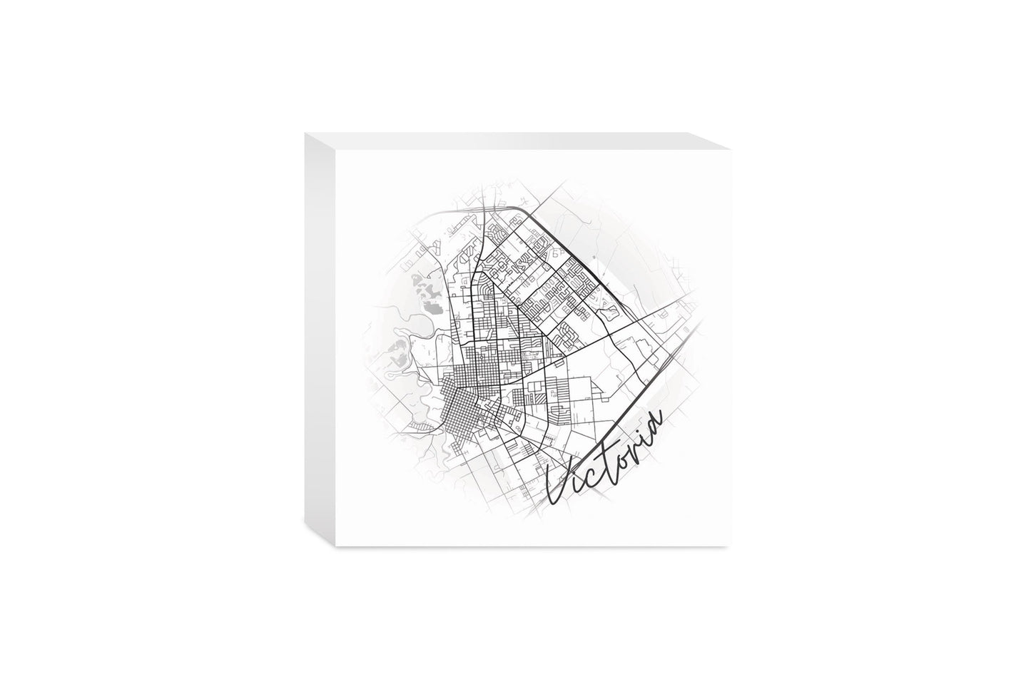 Minimalistic B&W Texas Victoria Circle Map | Wood Block | Eaches | Min 4