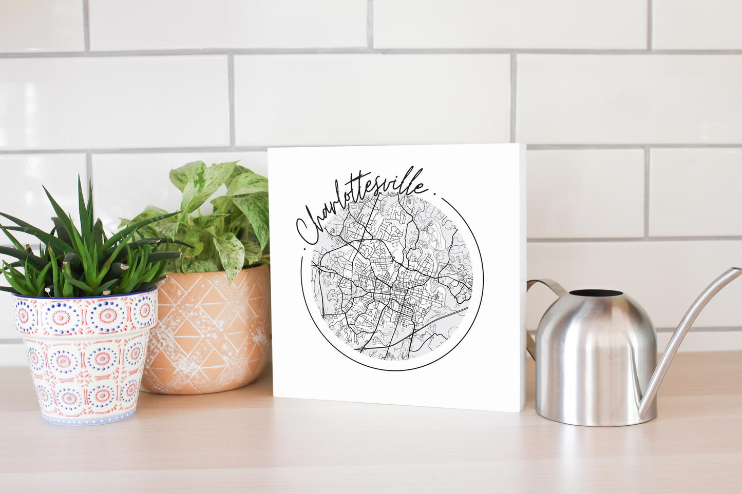 Minimalistic B&W Virginia Charlottesville Circle Map | Wood Block | Eaches | Min 2