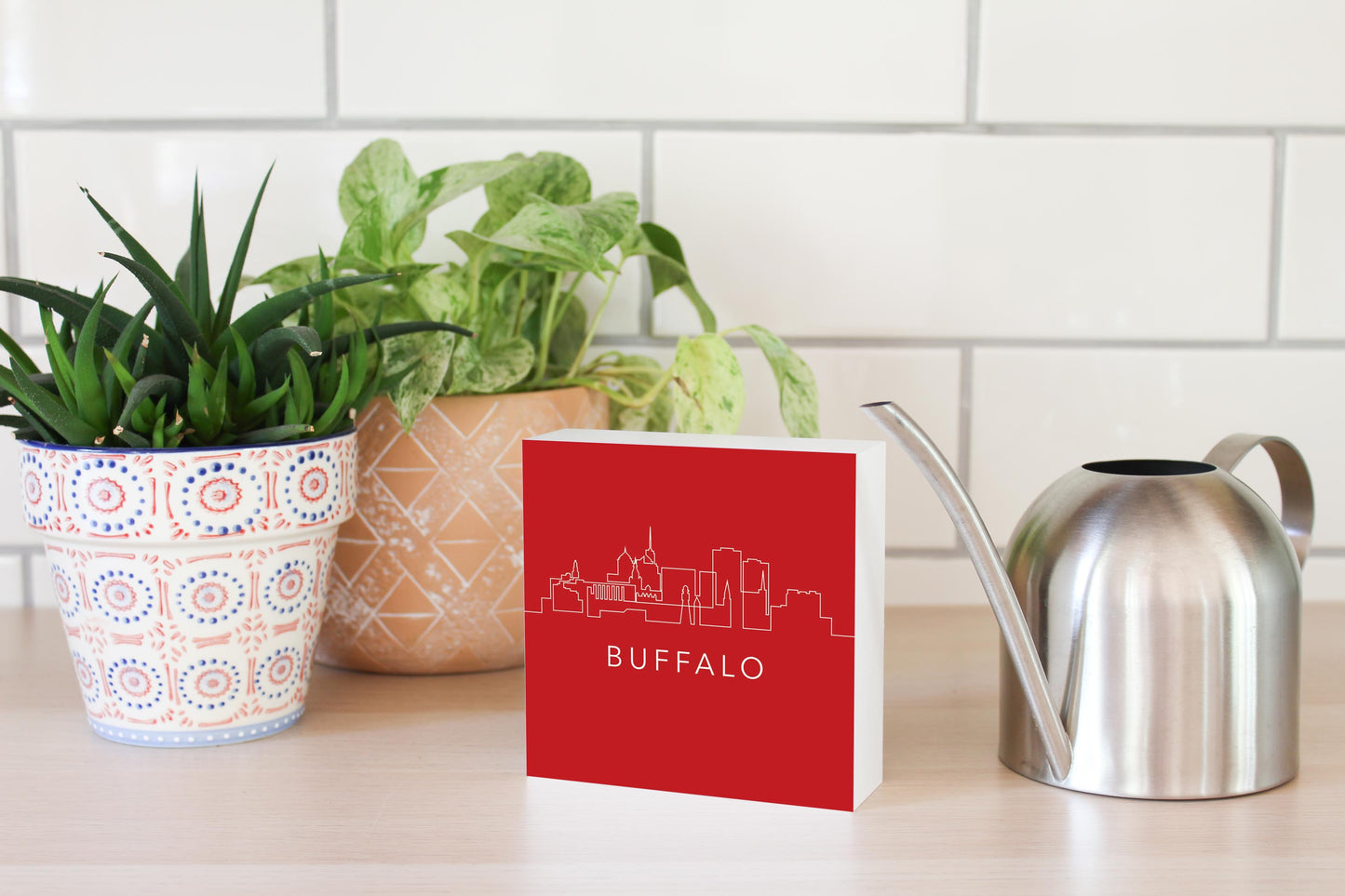 Red White And Blue New York Buffalo Skyline | Wood Block | Eaches | Min 4