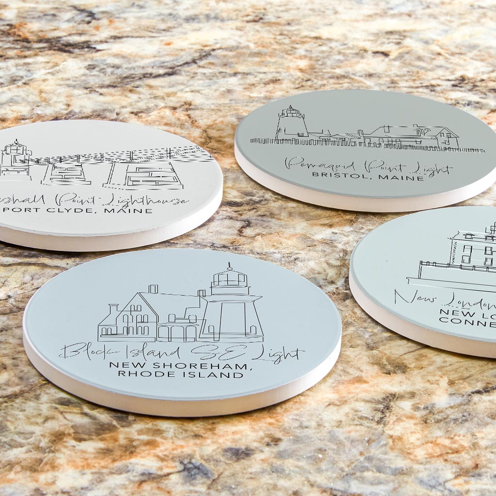 New England Lighthouses Muted Coastal | Absorbent Coasters | Set of 4 | Min 2