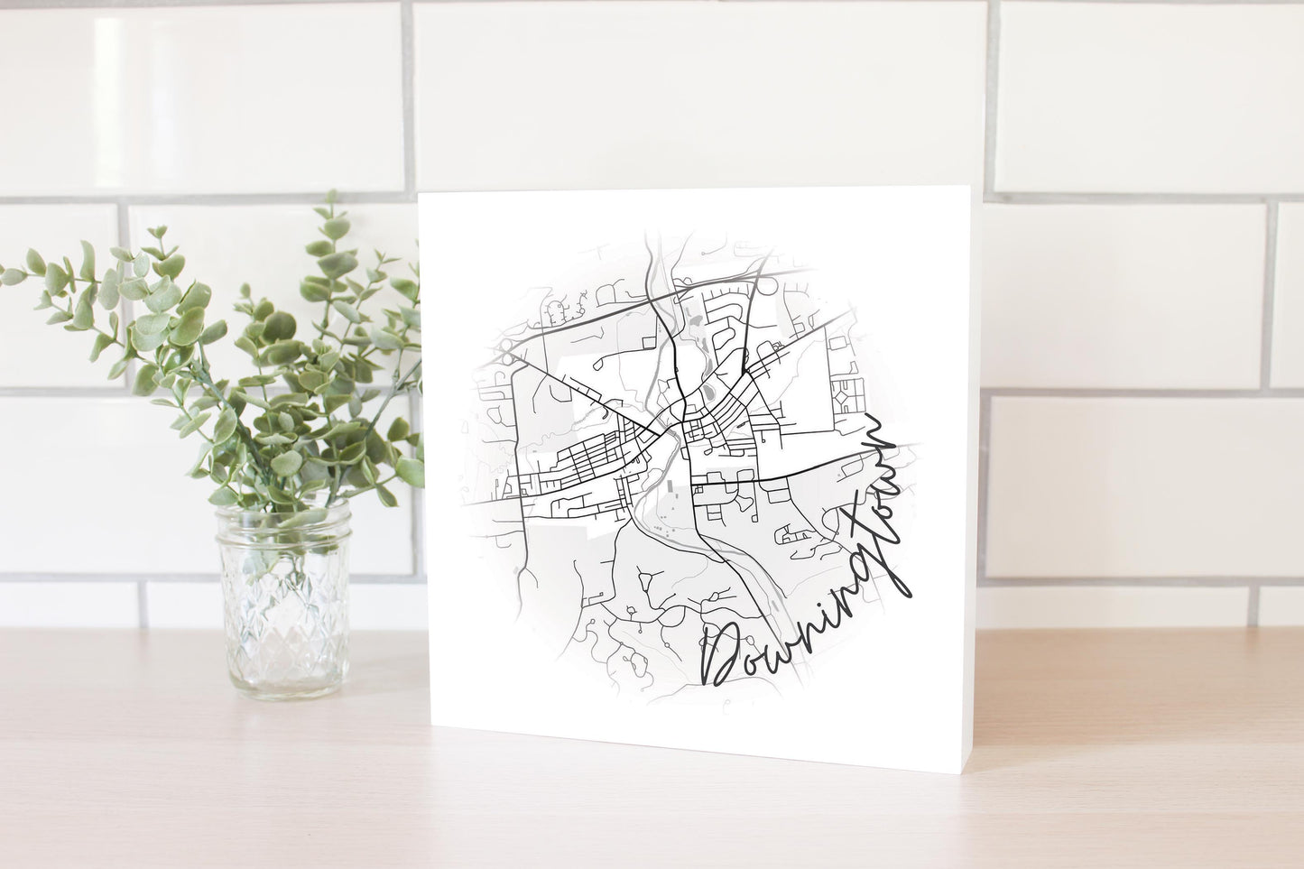 Minimalistic B&W Pennsylvania Downingtown Circle Map | Wood Block | Eaches | Min 2