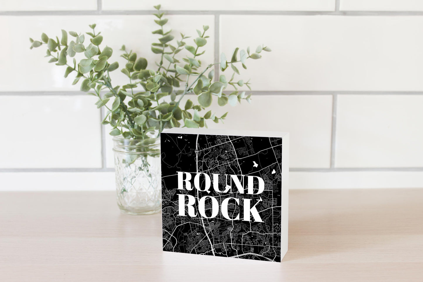 Minimalistic B&W Texas Round Rock Map| Wood Block | Eaches | Min 4