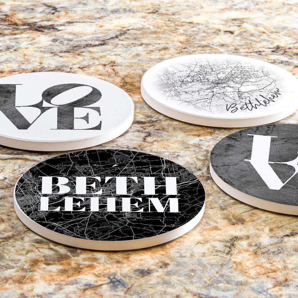 Minimalistic B&W Pennsylvania Bethlehem Maps Love | Absorbent Coasters | Set of 4 | Min 2