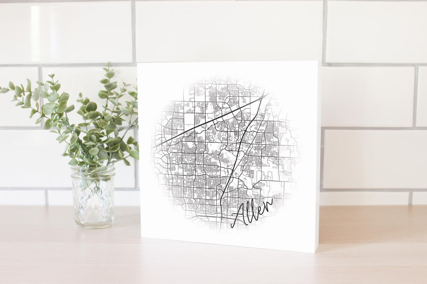 Minimalistic B&W Texas Allen Circle Map | Wood Block | Eaches | Min 2