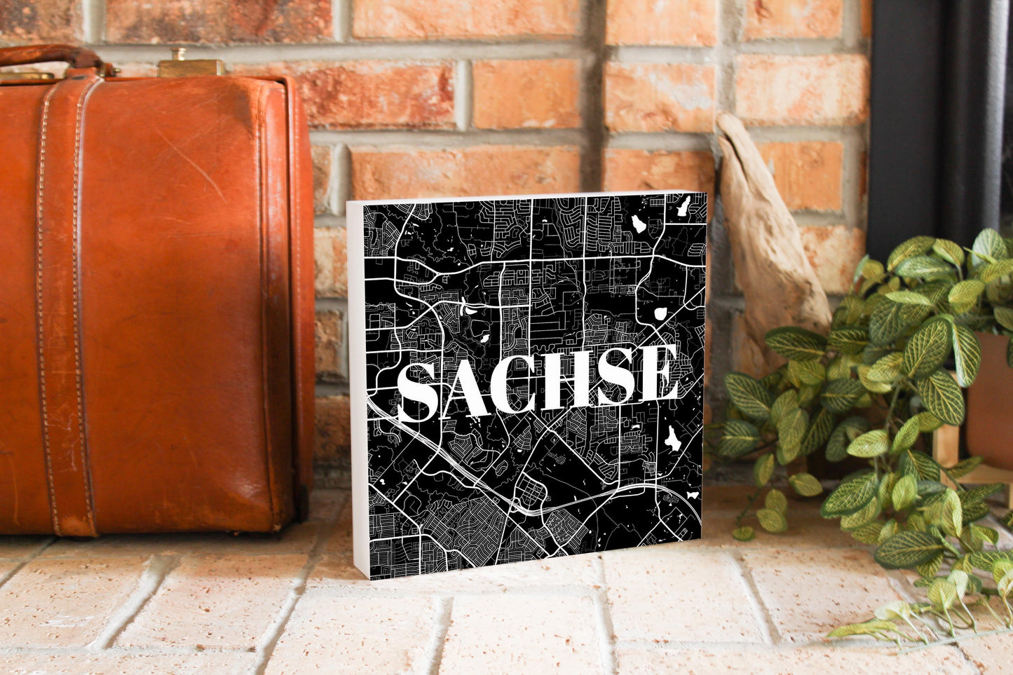 Minimalistic B&W Texas Sachse Map | Wood Block | Eaches | Min 2
