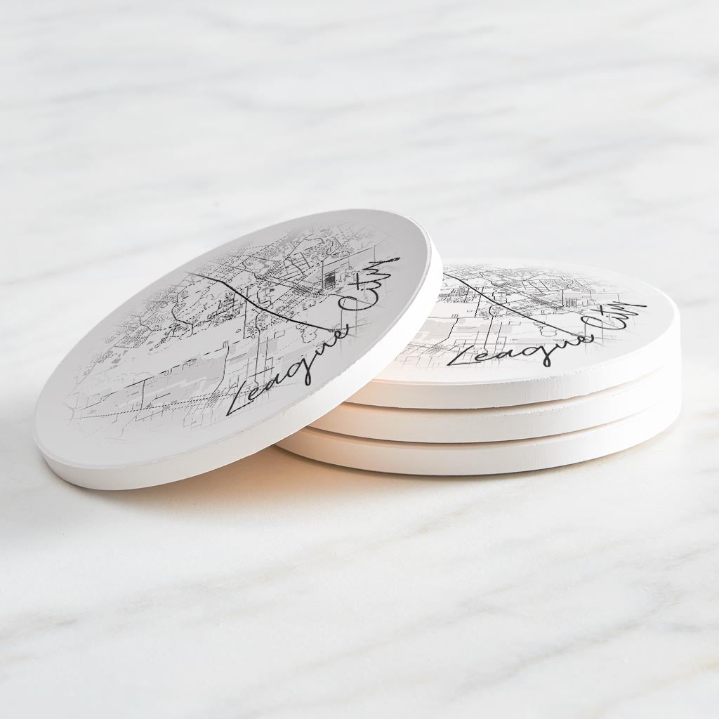 Minimalistic B&W Texas League City Circle Map | Absorbent Coasters | Set of 4 | Min 2
