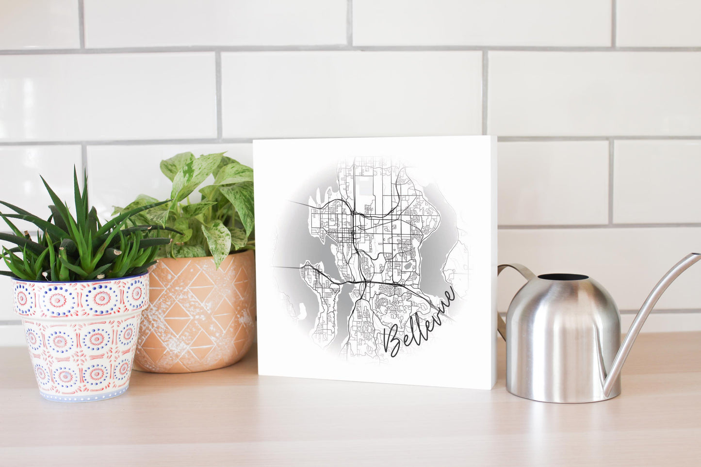 Minimalistic B&W Washington Bellevue Circle Map | Wood Block | Eaches | Min 2