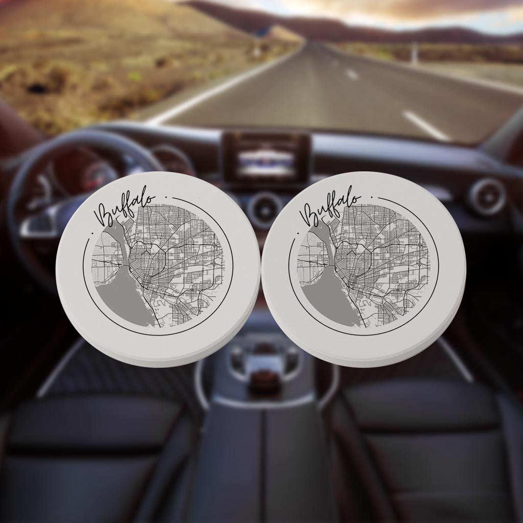 Minimalistic B&W New York Buffalo Circle Map | Absorbent Car Coasters | Set of 2 | Min 4