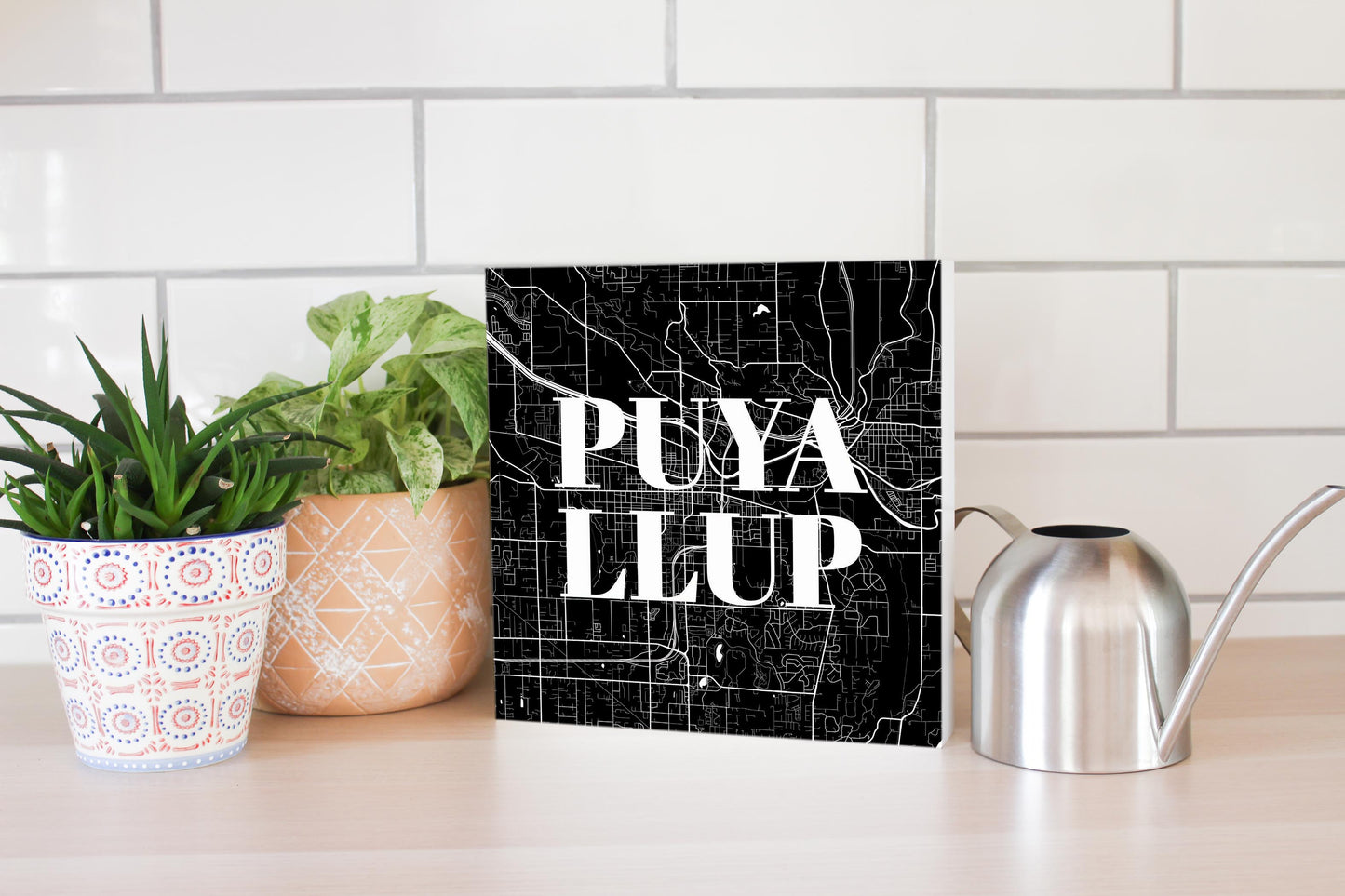 Minimalistic B&W Washington Puyallup Map | Wood Block | Eaches | Min 2