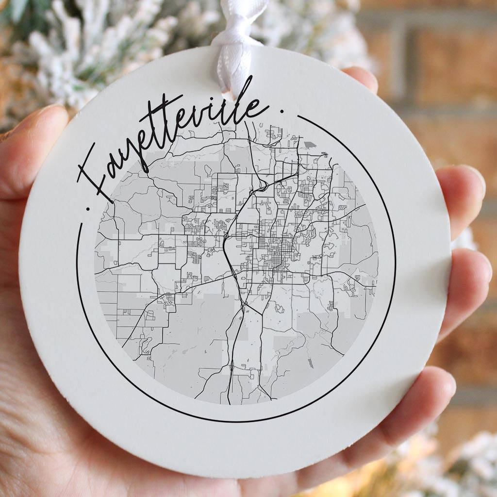 B&W Minimalist Arkansas Fayetteville Circle Map | Wood Ornament | Eaches | Min 6
