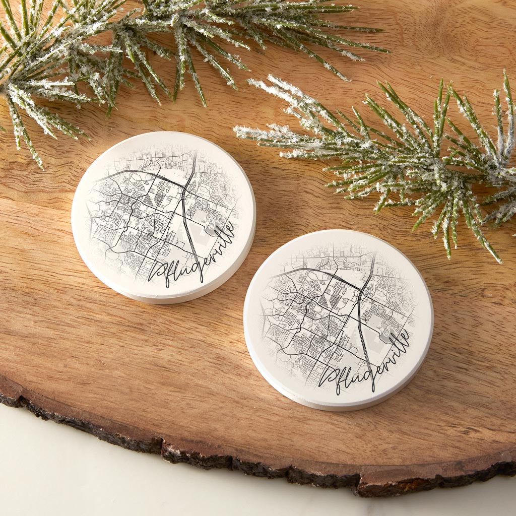 Minimalistic B&W Texas Pflugerville Circle Map | Absorbent Car Coasters | Set of 2 | Min 4