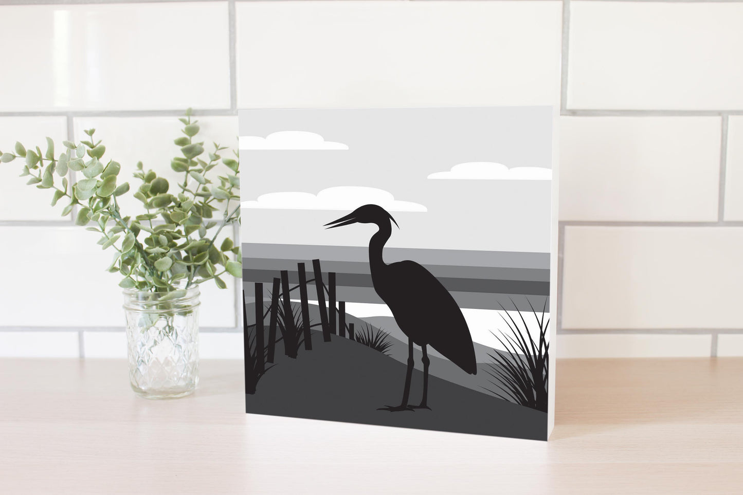 Minimalistic B&W Cape Cod Heron Illustration | Wood Block | Eaches | Min 2