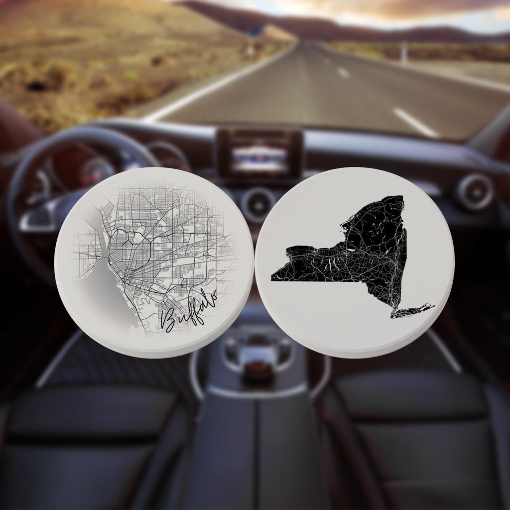 Minimalistic B&W New York Buffalo Map State| Absorbent Car Coasters | Set of 2 | Min 4
