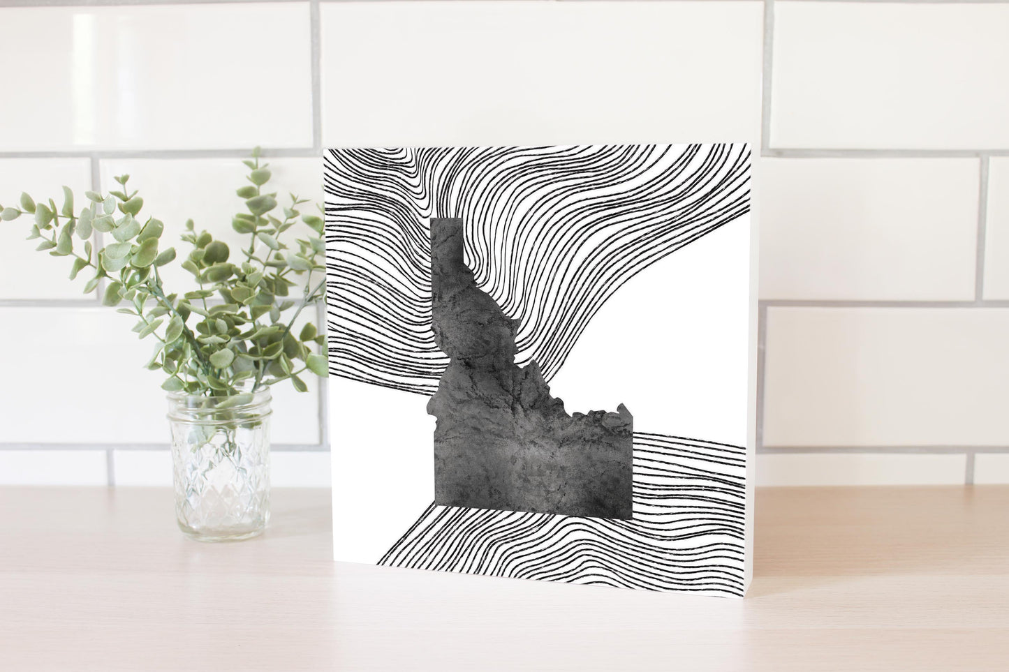 Minimalist B&W Idaho State With Fluid Lines | Wood Block | Eaches | Min 2