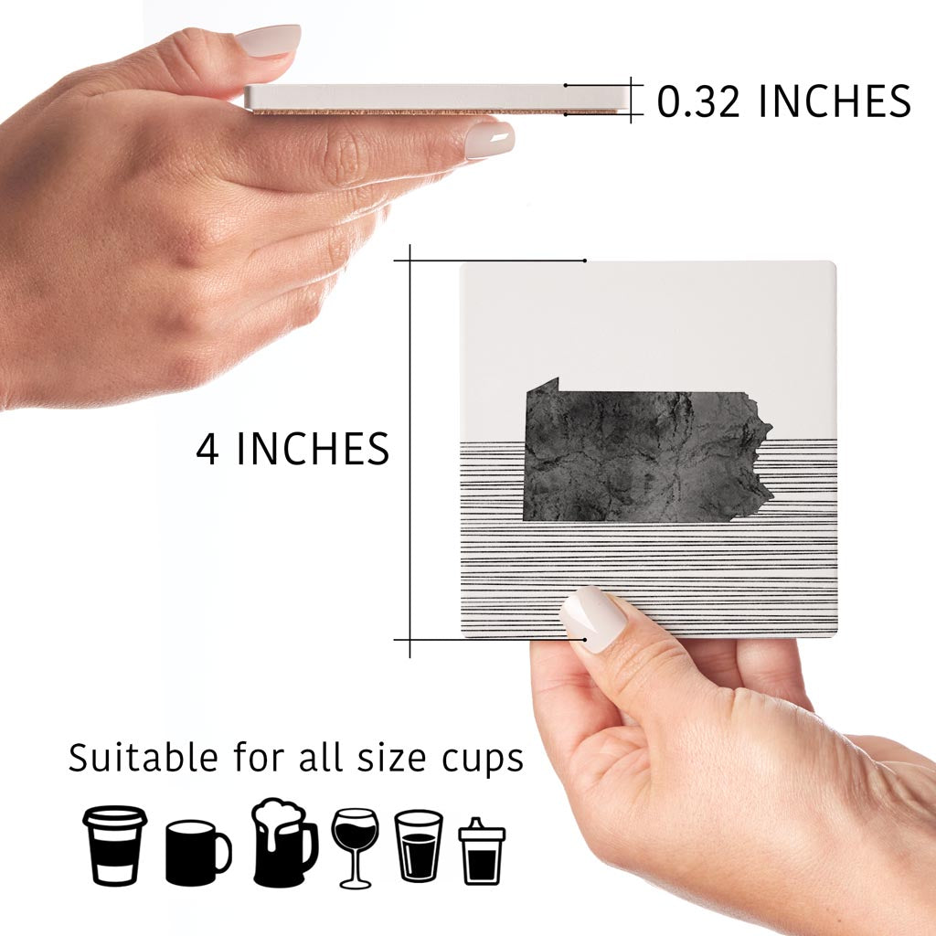 Minimalistic B&W Pennsylvania Shape Straight Lines | Absorbent Coasters | Set of 4 | Min 2