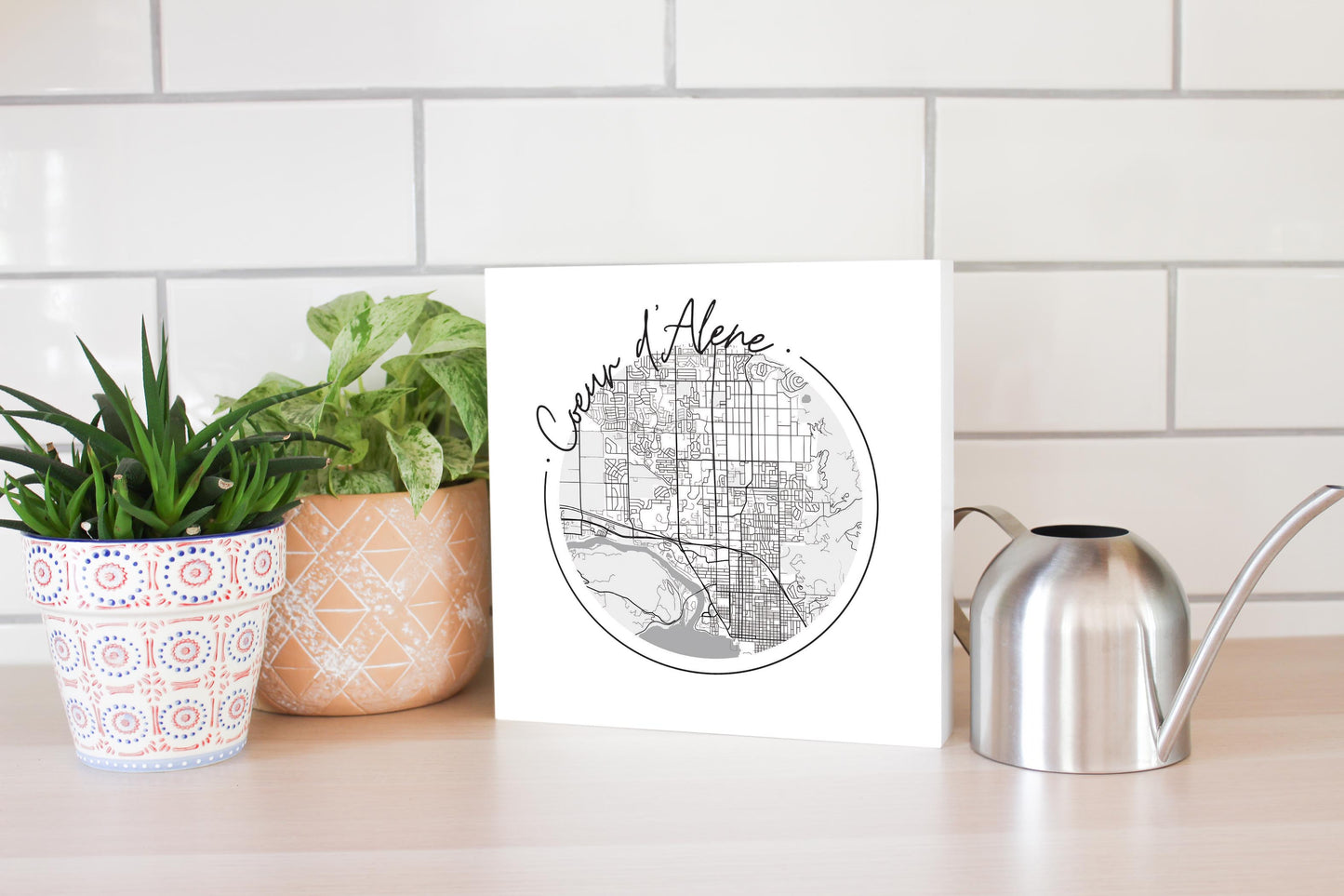 Minimalist B&W Idaho Coeur Dalene Circle Map | Wood Block | Eaches | Min 2