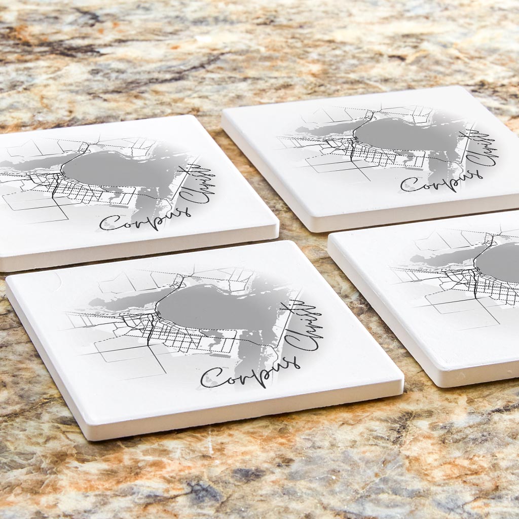 Minimalistic B&W Texas Corpus Christi Circle Map | Absorbent Coasters | Set of 4 | Min 2