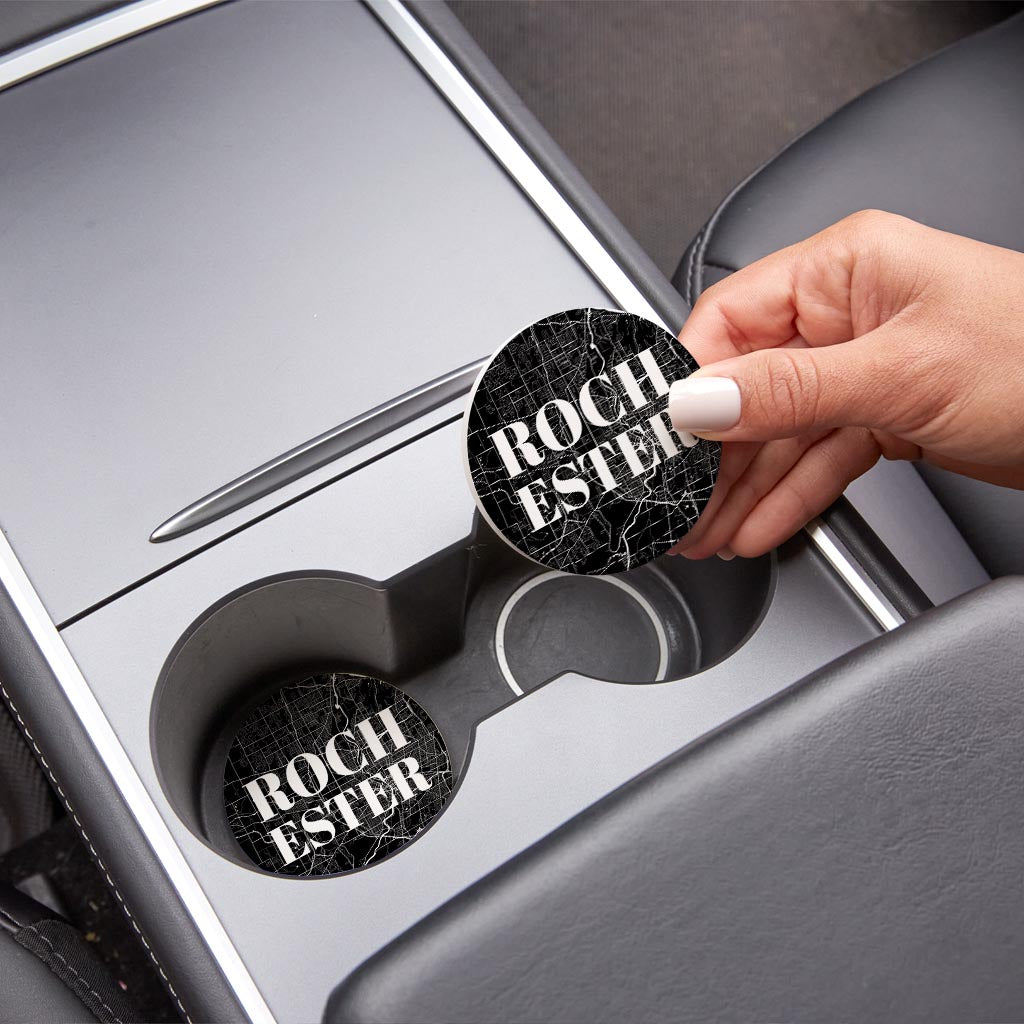 Minimalistic B&W New York Rochester Map | Absorbent Car Coasters | Set of 2 | Min 4