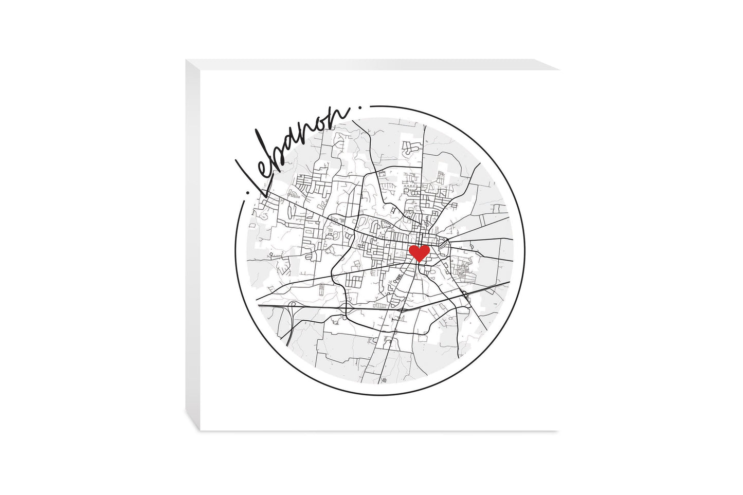 Minimalist B&W Tennessee Lebanon Circle Map Heart | Wood Block | Eaches | Min 2