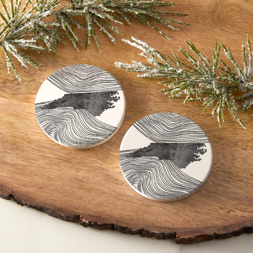 Minimalistic B&W North Carolina Fluid Lines| Absorbent Car Coasters | Set of 2 | Min 4