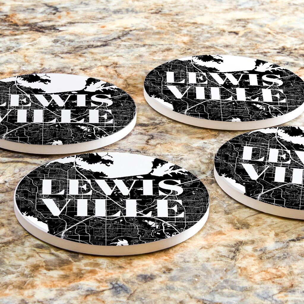 Minimalistic B&W Texas Lewisville Map | Absorbent Coasters | Set of 4 | Min 2