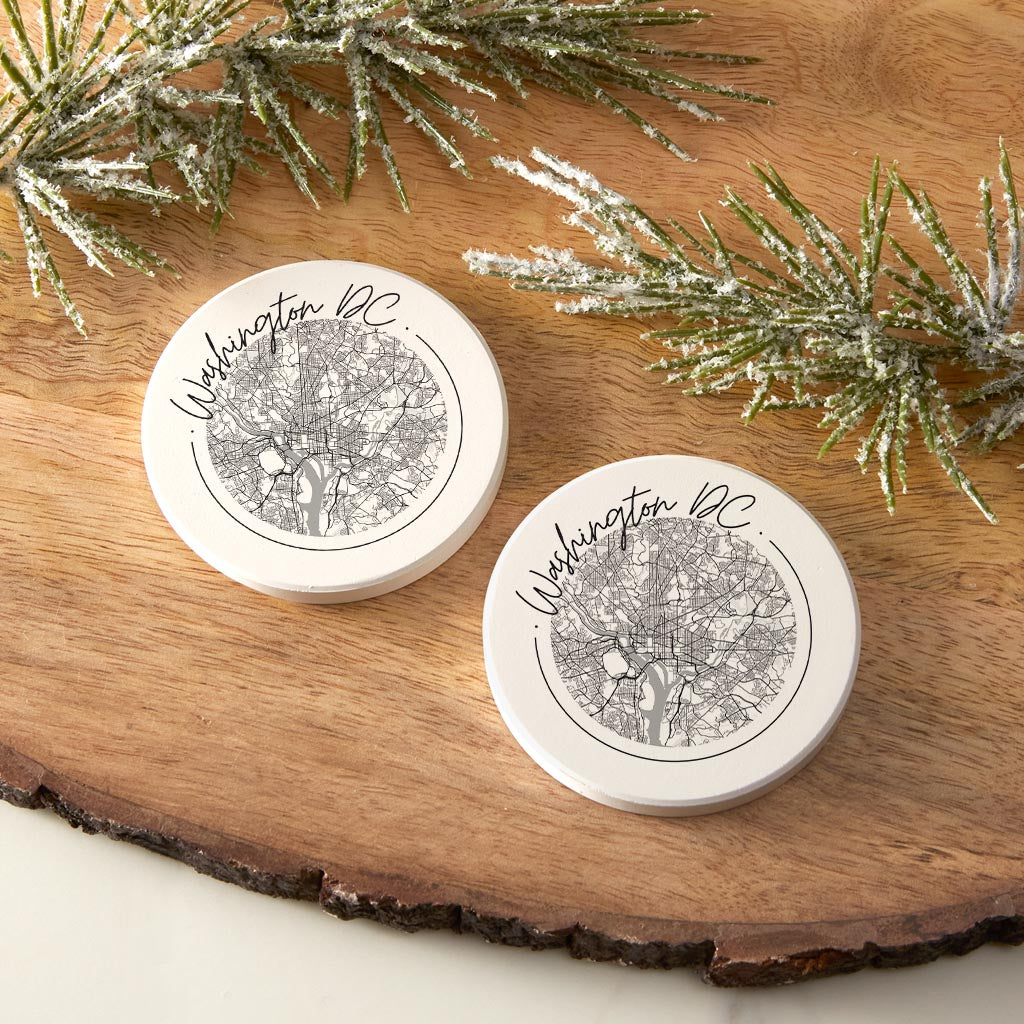 Minimalistic B&W Washington Dc Circle Map | Absorbent Car Coasters | Set of 2 | Min 4