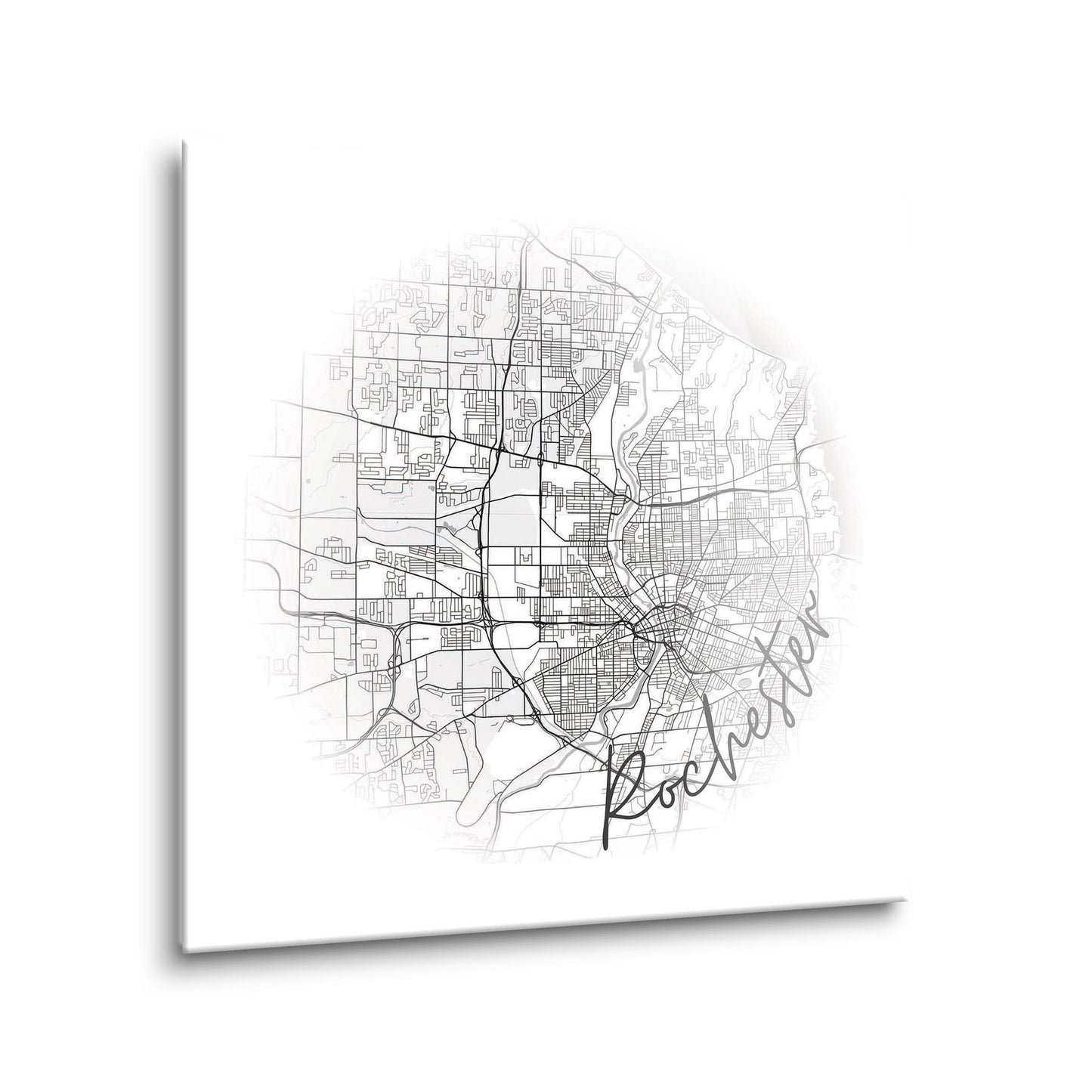 Minimalistic B&W New York Rochester Faded Circle Map | Hi-Def Glass Art | Eaches | Min 1