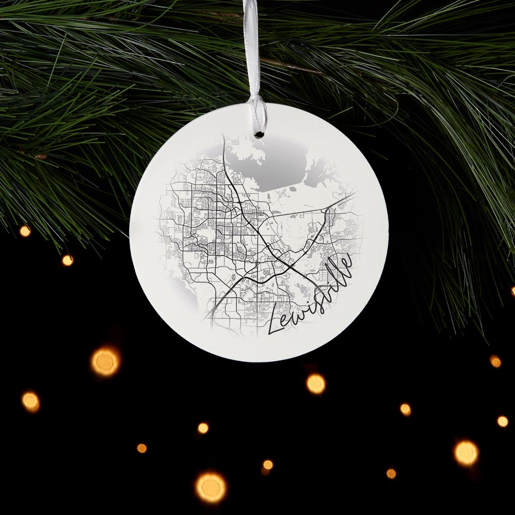 Minimalistic B&W Texas Lewisville Circle Map | Wood Ornament | Eaches | Min 6