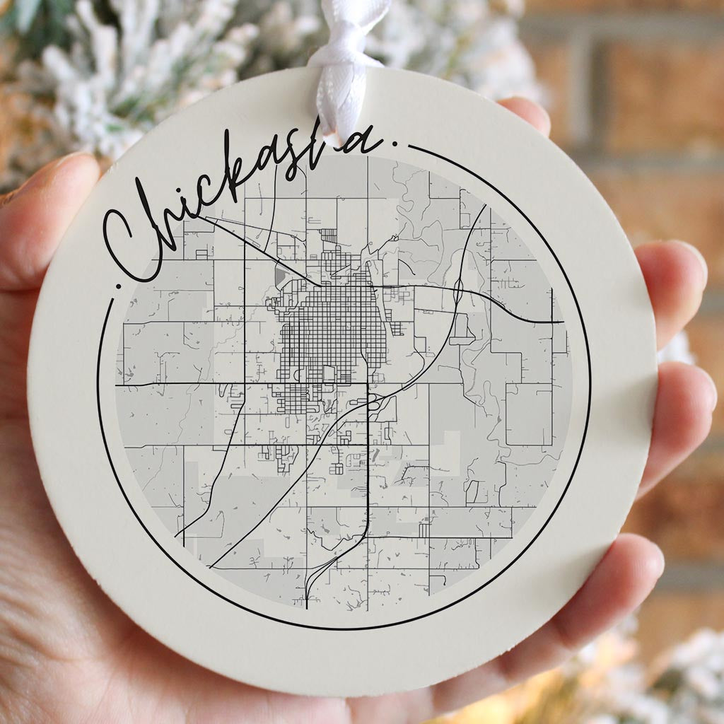 Modern Minimalist Oklahoma Chickasha Map | Wood Ornament | Eaches | Min 6