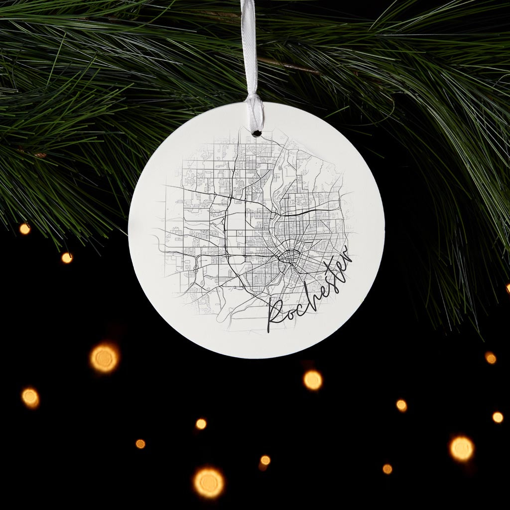 Minimalistic B&W New York Rochester Faded Circle Map | Wood Ornament | Eaches | Min 6
