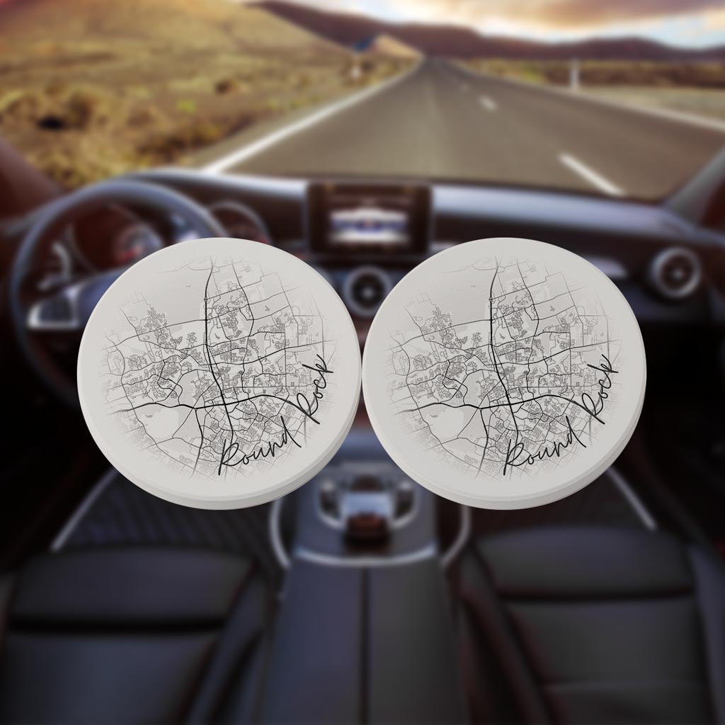 Minimalistic B&W Texas Round Rock Circle Map | Absorbent Car Coasters | Set of 2 | Min 4