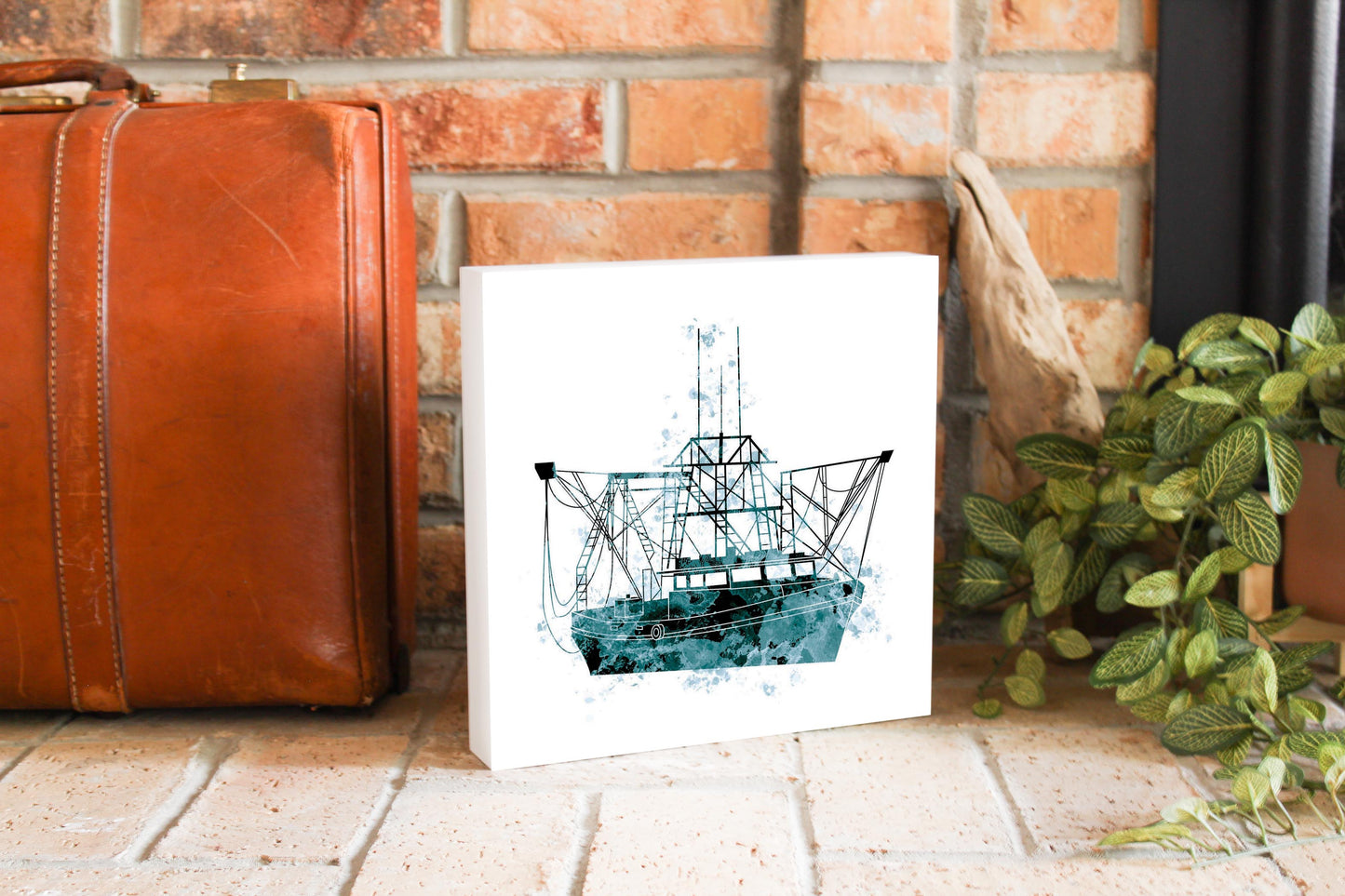 Blue White Water Color Shrimp Boat | Wood Block | Eaches | Min 2