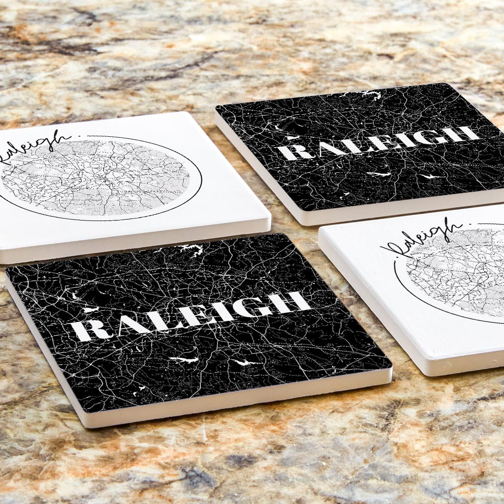 Minimalistic B&W North Carolina Raleigh Maps | Absorbent Coasters | Set of 4 | Min 2