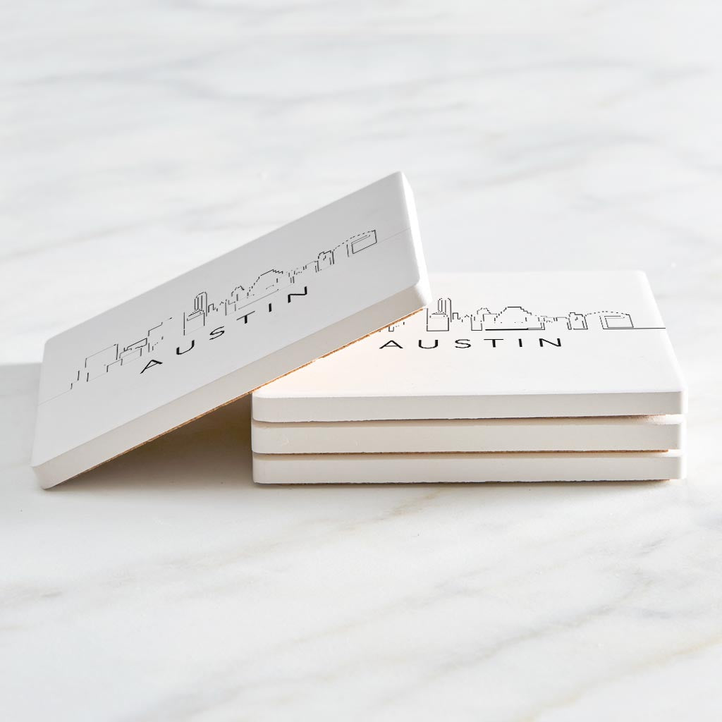 Minimalist B&W Texas Austin Skyline | Absorbent Coasters | Set of 4 | Min 2