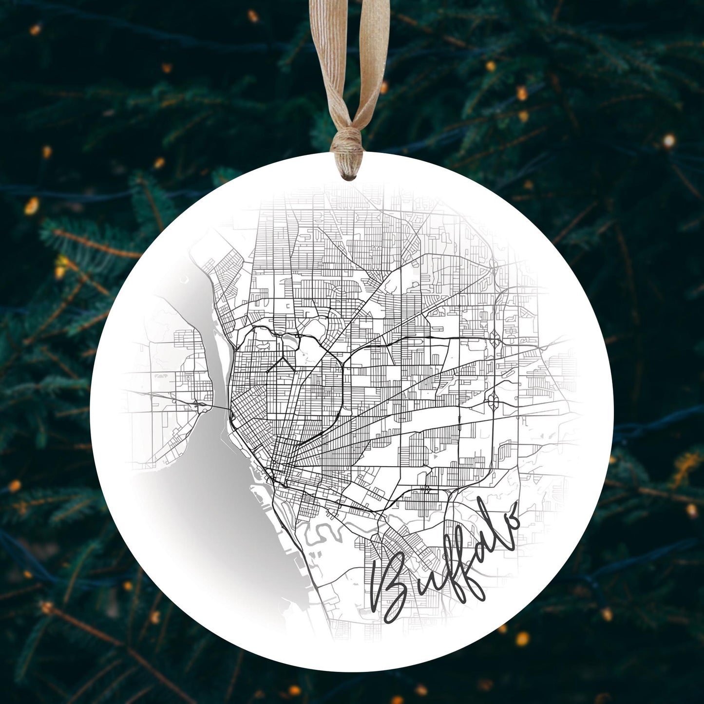 Minimalistic B&W New York Buffalo Faded Circle Map | Wood Ornament | Eaches | Min 1