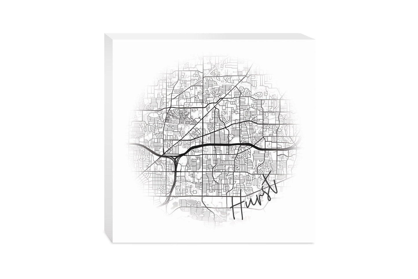 Minimalistic B&W Texas Hurst Circle Map | Wood Block | Eaches | Min 2