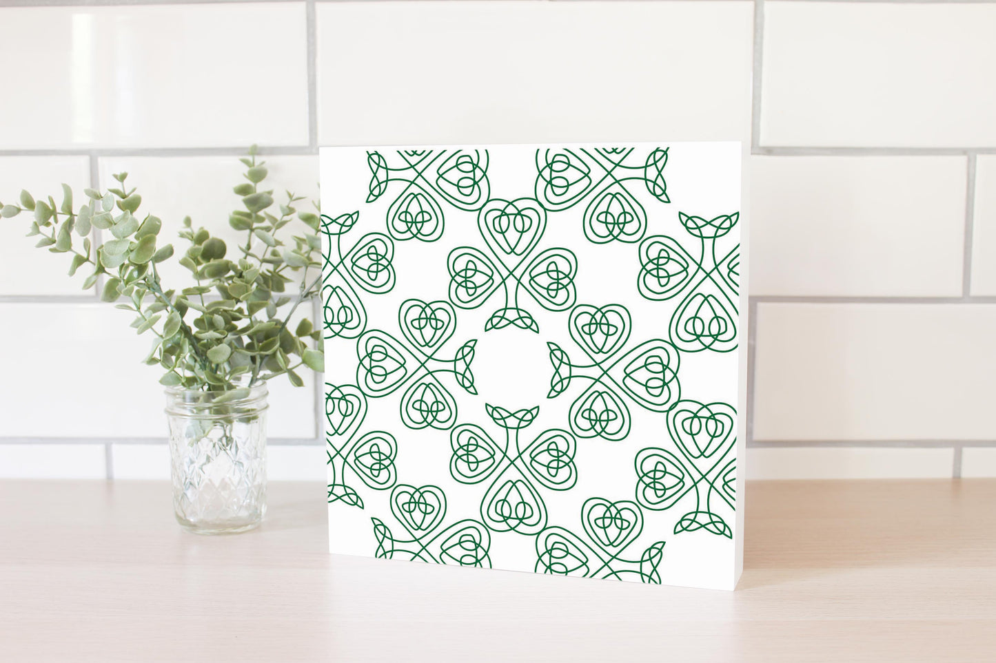 White Green Shamrock Pattern | Wood Block | Eaches | Min 2