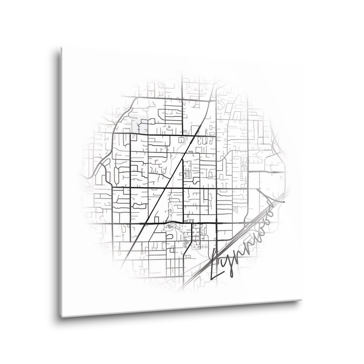 Minimalistic B&W Washington Lynnwood Circle Map | Hi-Def Glass Art | Eaches | Min 2