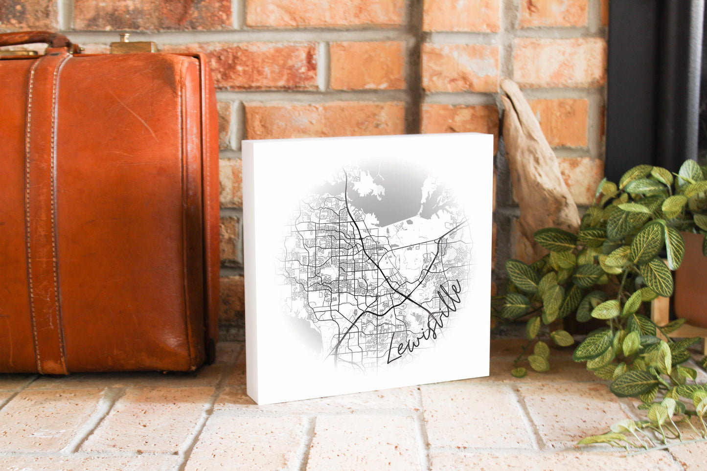 Minimalistic B&W Texas Lewisville Circle Map | Wood Block | Eaches | Min 2