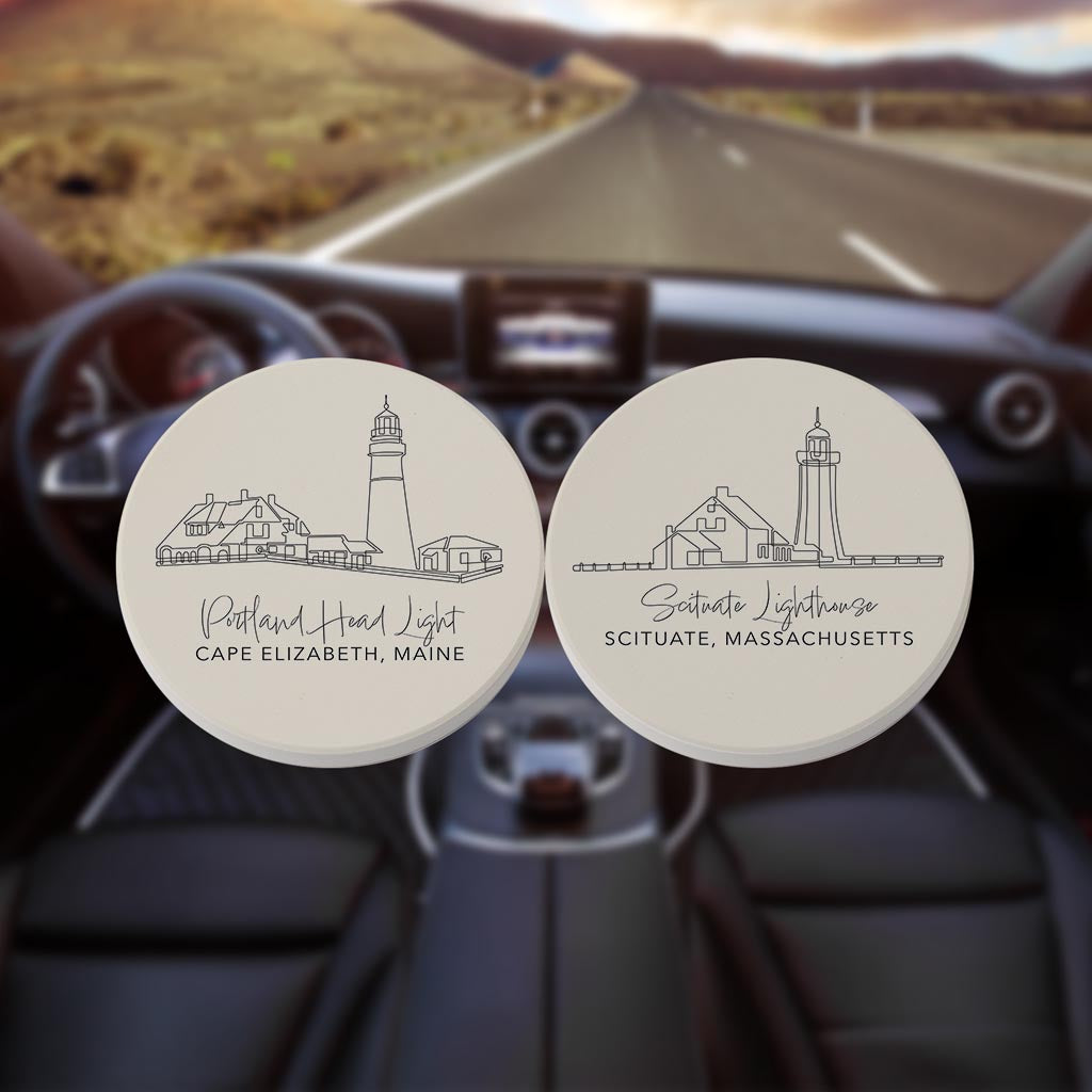New England Lighthouses Cream Colored | Absorbent Car Coasters | Set of 2 | Min 4