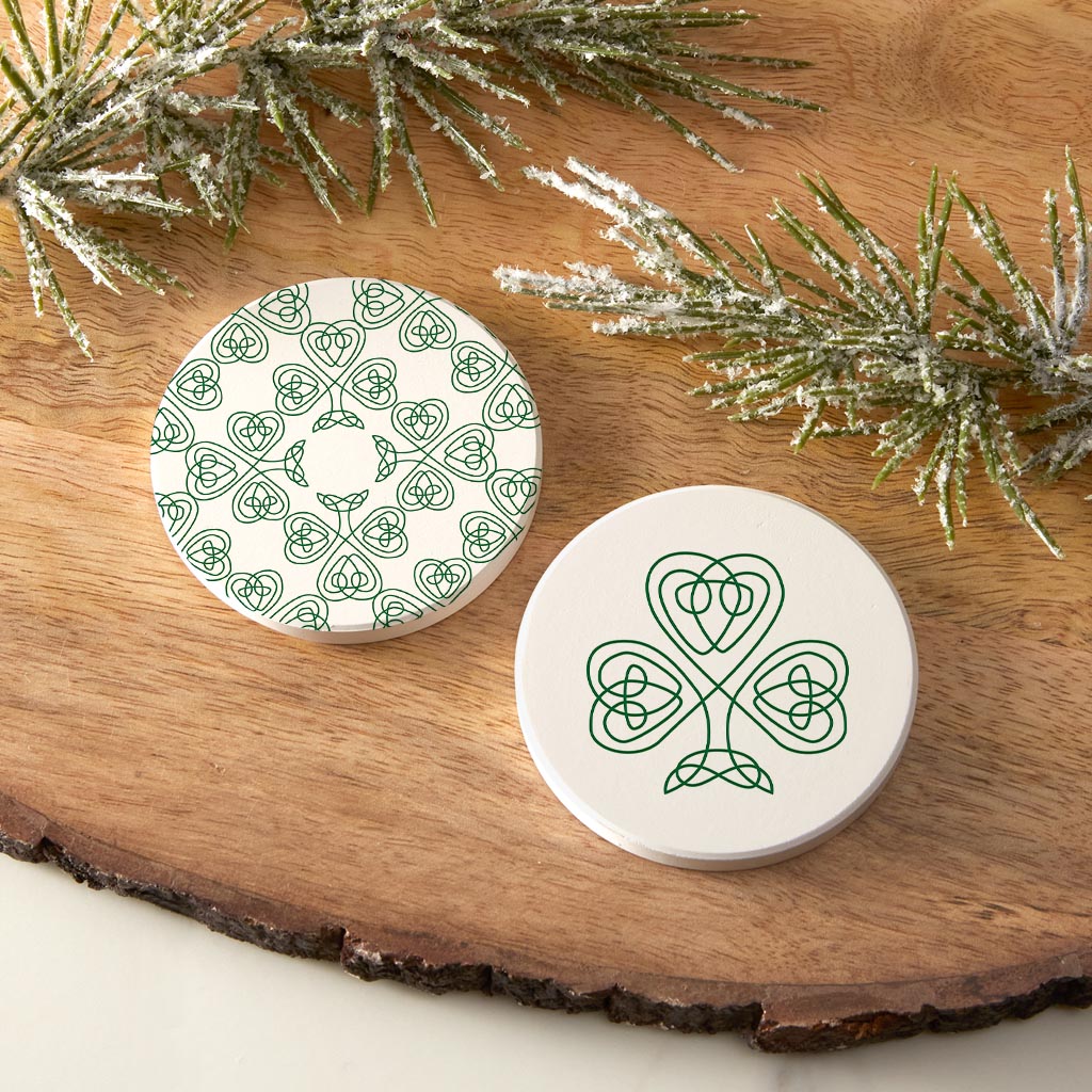 White Green Shamrock Pattern Shape | Absorbent Car Coasters | Set of 2 | Min 4