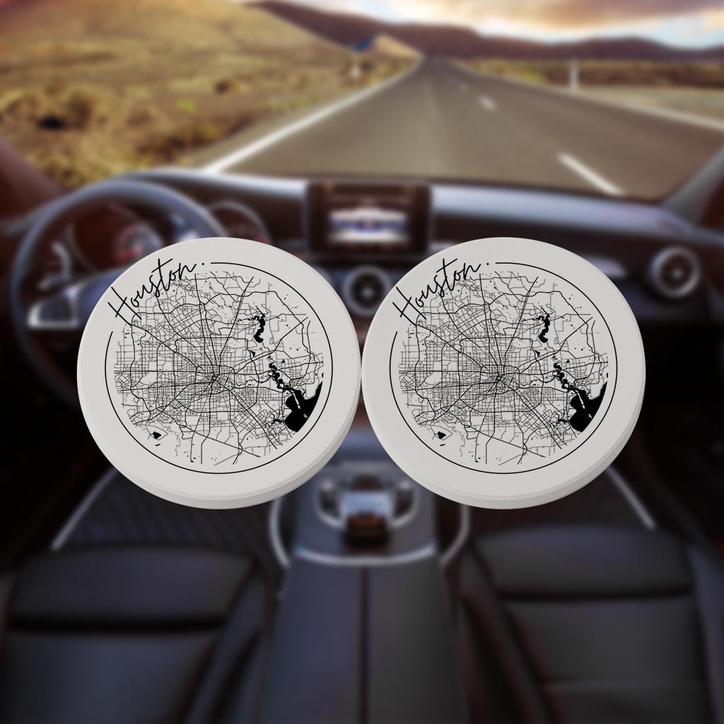 Modern Houston White Round Map | Absorbent Car Coasters | Set of 2 | Min 4