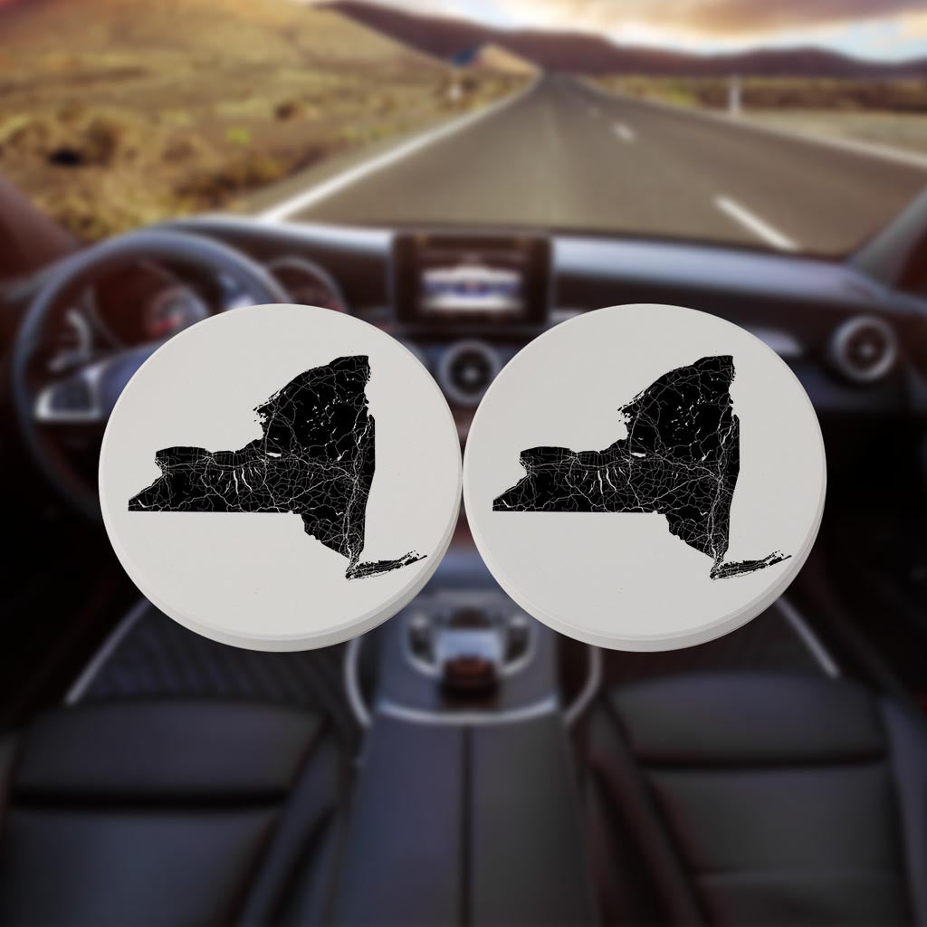 Minimalistic B&W New York State With Map | Absorbent Car Coasters | Set of 2 | Min 4