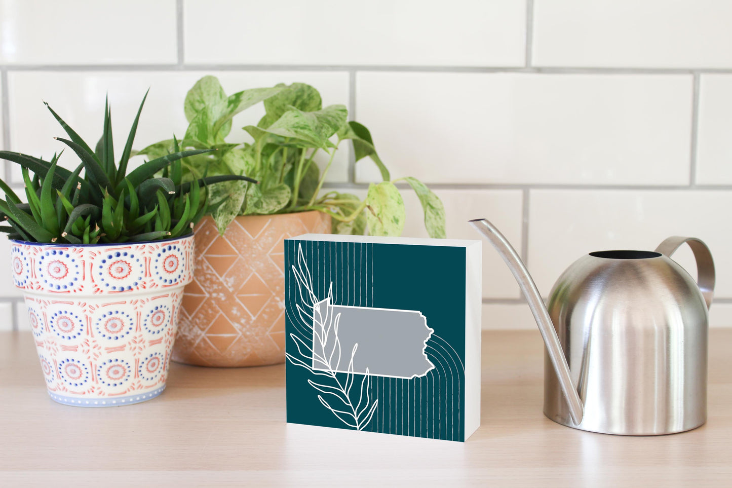 Modern Minimalist Pennsylvania Shape With Leaf | Wood Block | Eaches | Min 4