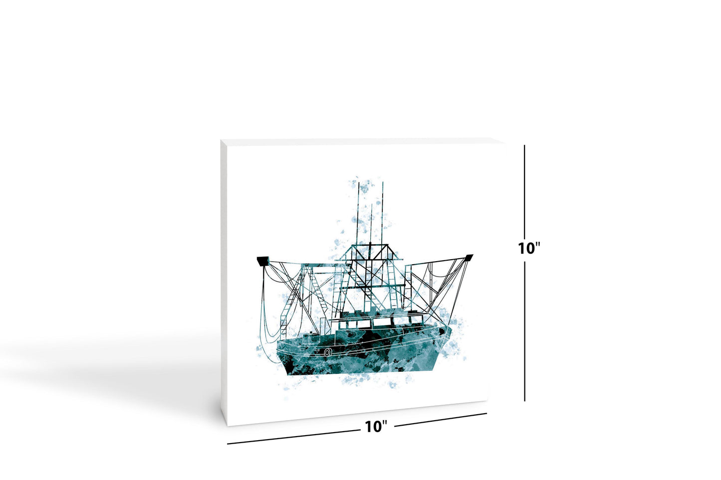 Blue White Water Color Shrimp Boat | Wood Block | Eaches | Min 2