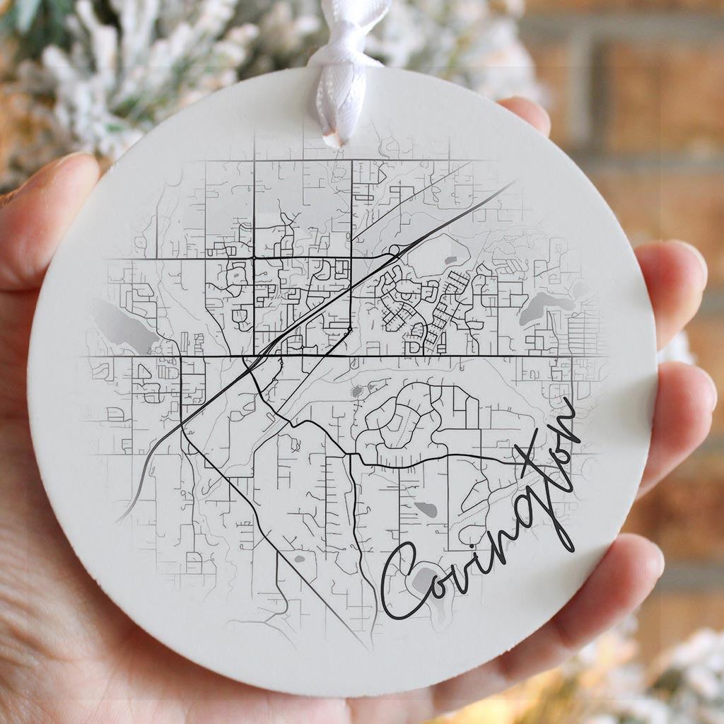 Minimalistic B&W Washington Covington Circle Map | Wood Ornament | Eaches | Min 6