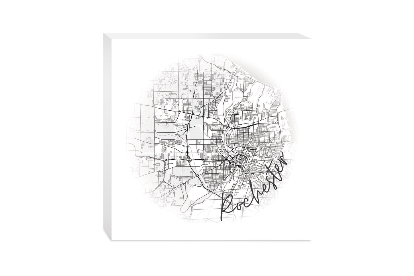 Minimalistic B&W New York Rochester Faded Circle Map | Wood Block | Eaches | Min 2